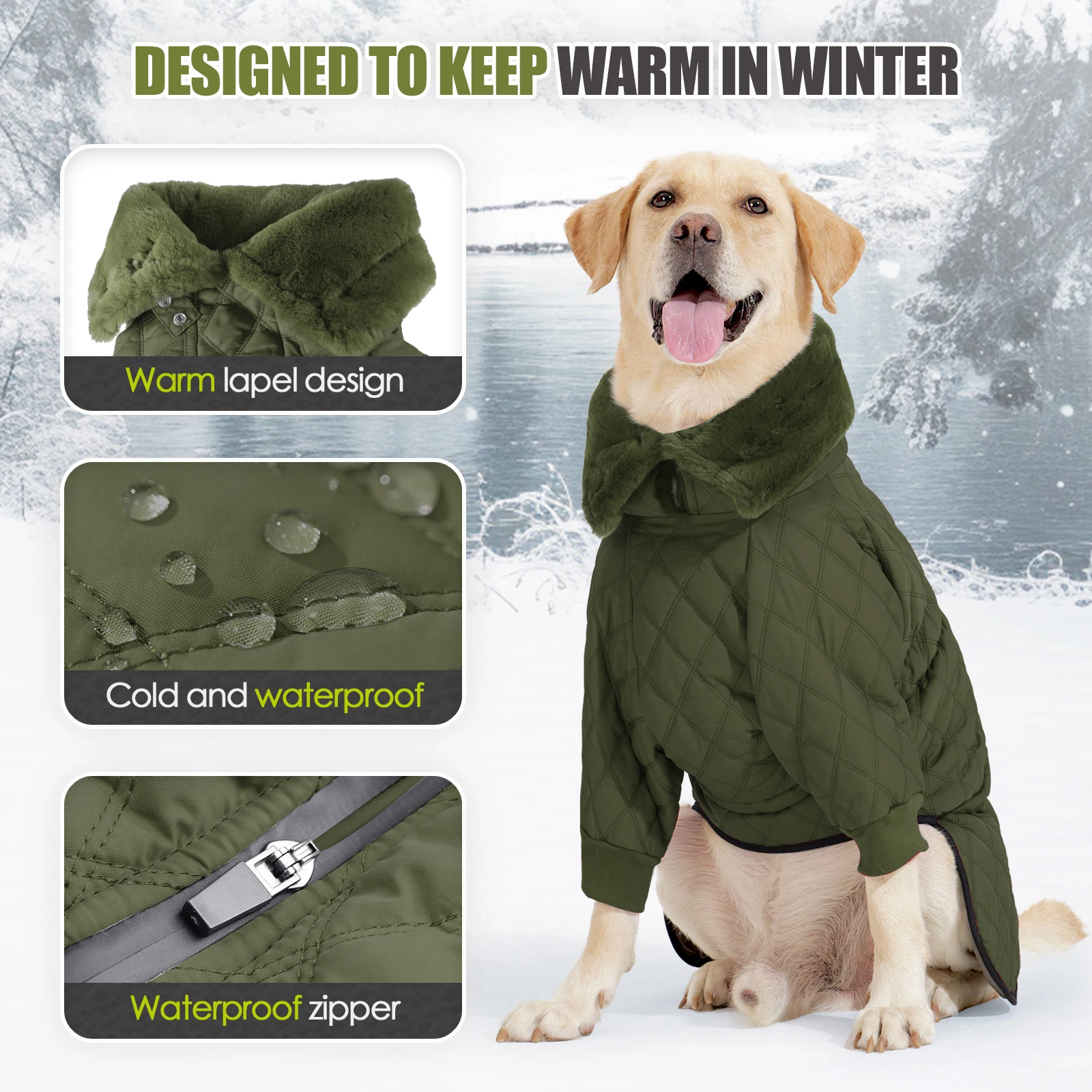 Chaqueta impermeable con cuello de piel para perro, ropa de lana cálida para perros pequeños y grandes, chaleco para cachorros Golden Retriever, abrigo para Pug, invierno - imagen 3