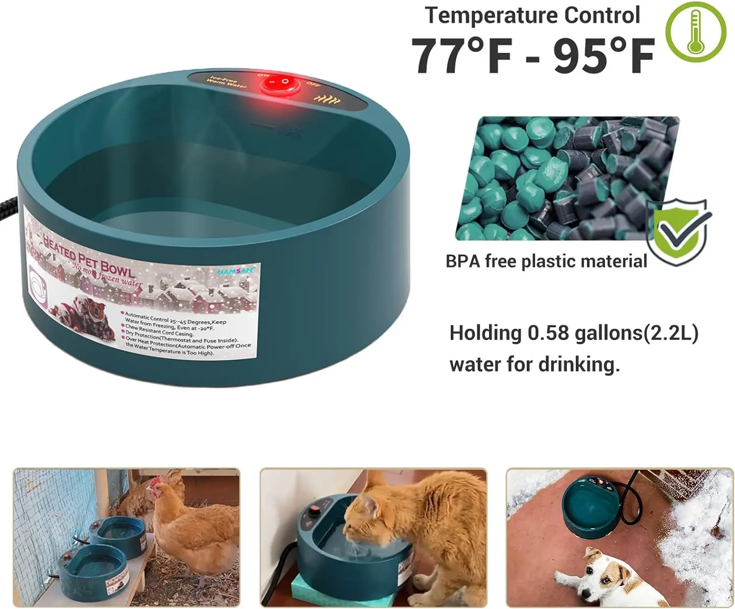 Cuenco térmico inteligente para mascotas, cuenco de agua caliente para exteriores, perros, gatos, pollos, ganado, 2,2 L, para día frío, baño de aves - imagen 5