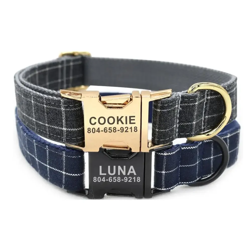 Collar de perro personalizado, correas a juego, contactos de nombre de identificación personalizados, hebilla de Metal, traje a cuadros ajustable, collares de fibra para perros y mascotas