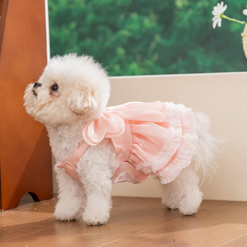 Vestido rosa princesa de satén con lazo para perros pequeños y gatos - imagen 2