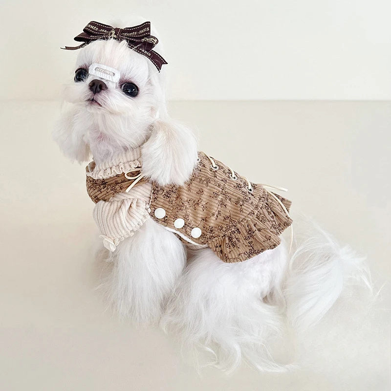 Otoño Invierno encaje a rayas muñeca Collar Base camisa lindo pana chaleco con cordón mangas de burbuja de felpa conjunto de falda con correa para el hombro - imagen 4