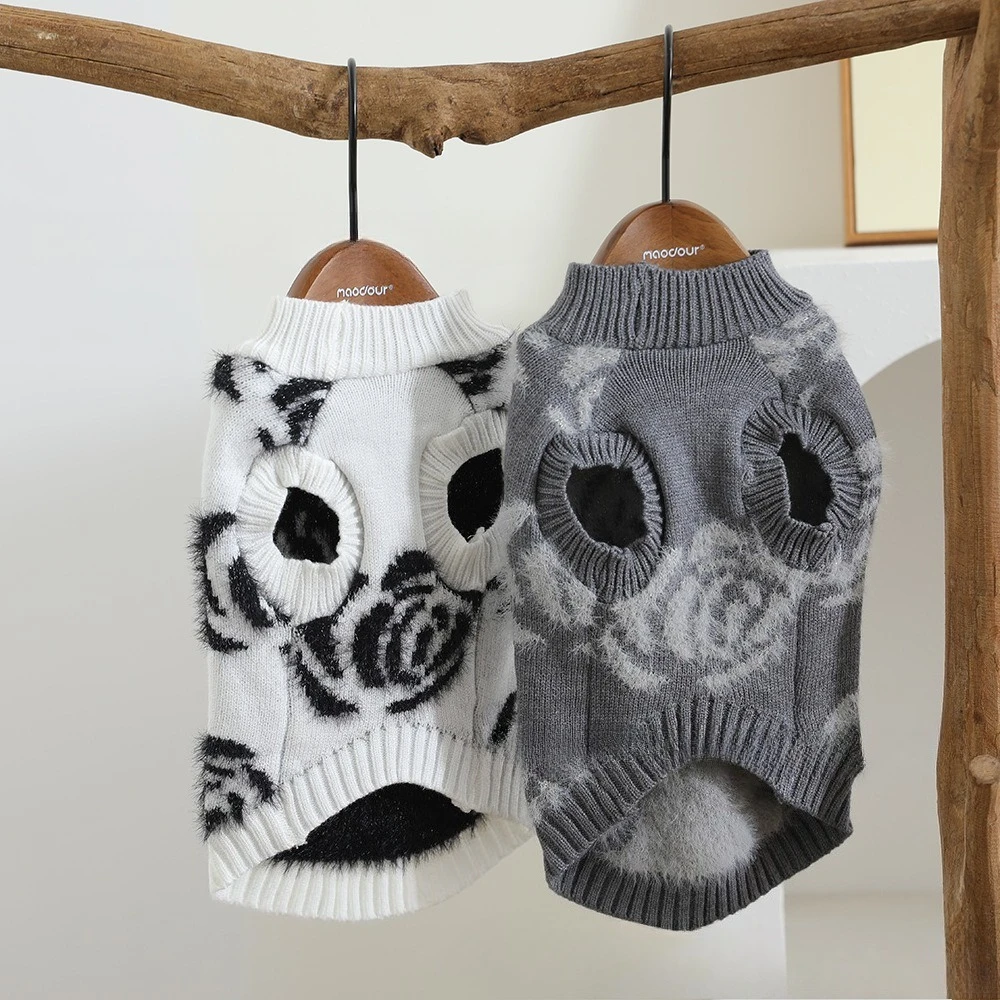 Suéter de punto con rosas para mascotas, suéter cálido de peluche, chaleco con rosas de peluche, ropa para cachorros, ropa para perros pequeños, Otoño/Invierno - imagen 3