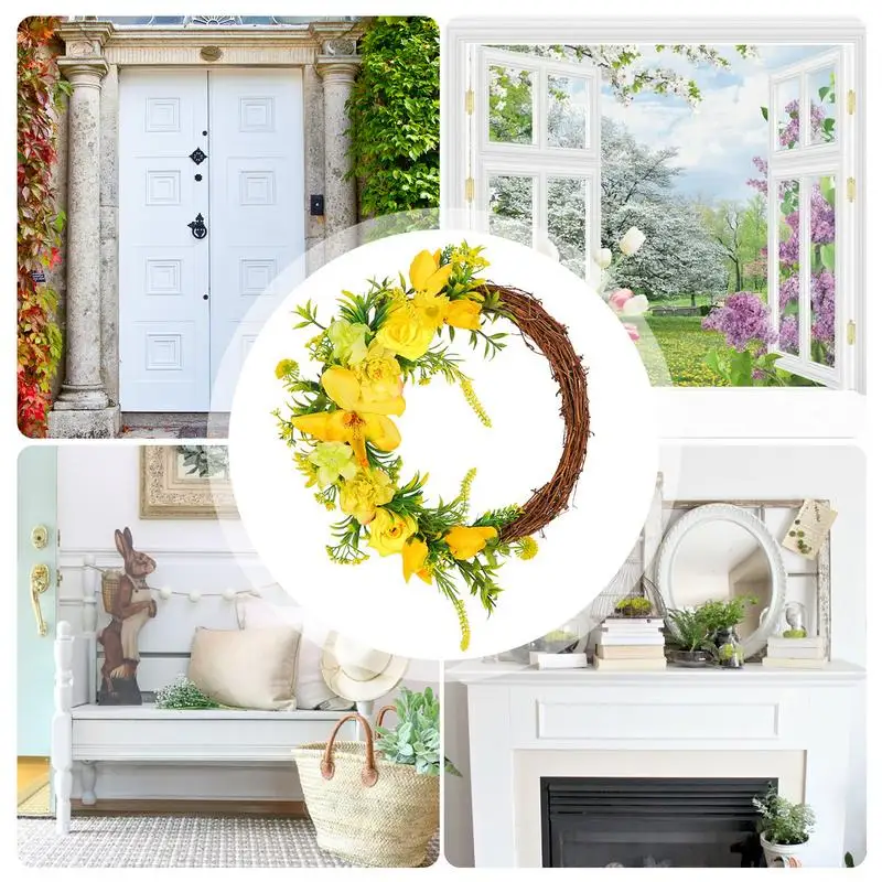 Corona rosada Artificial para Primavera, reutilizable con corona de flores rosas para todas las estaciones, adornos de jardín para paredes de puerta delantera - imagen 5