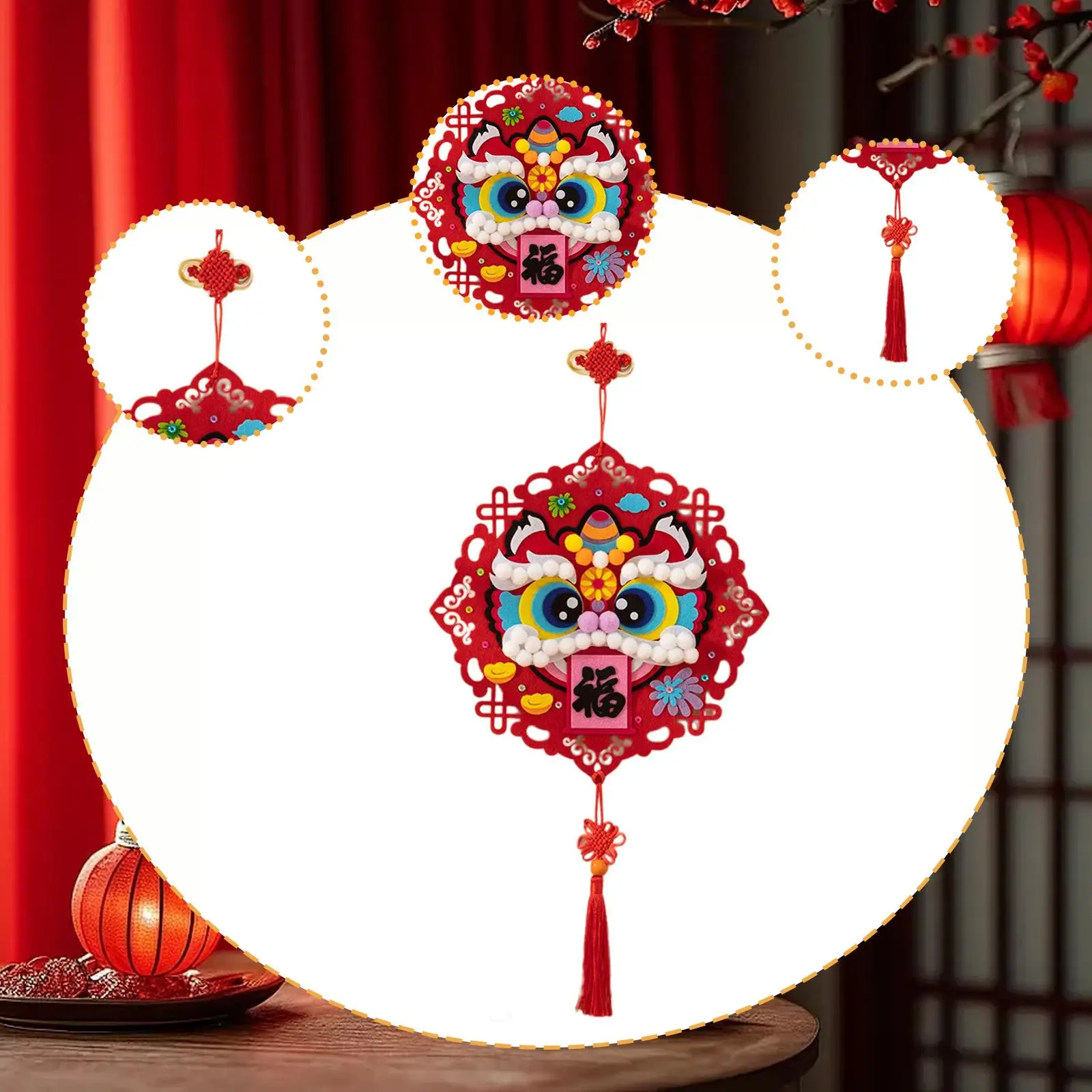 Lion Dance Sticker Animal Sewing Craft Kit Fabric Wood DIY Set for New Year Festival Home Decor