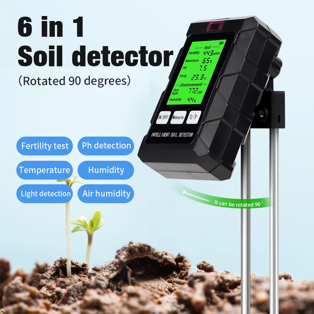 Medidor de suelo 6 en 1 con rotación de 90 grados, probador de PH del suelo, temperatura de fertilidad de humedad, Detector de luz de humedad del aire para jardín