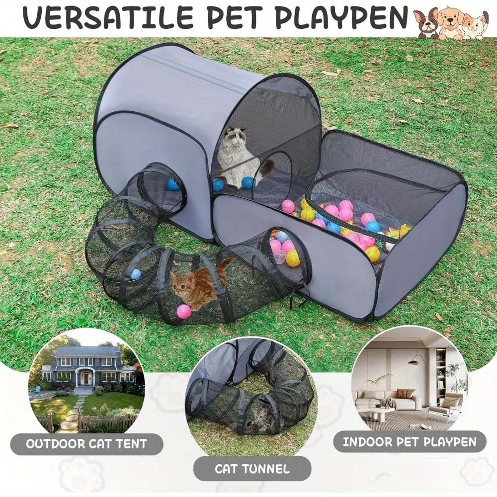 Valla para perros con túnel circundante, valla para gatos exterior/interior con bordes suaves transpirables, tienda de campaña para gatos, - imagen 4