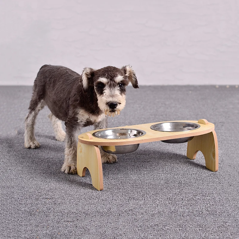 Estante de cuencos dobles de madera para mascotas, comedero para gatos de 15 ° que protege la columna Cervical, dispensador de agua multifunción para perros - imagen 2