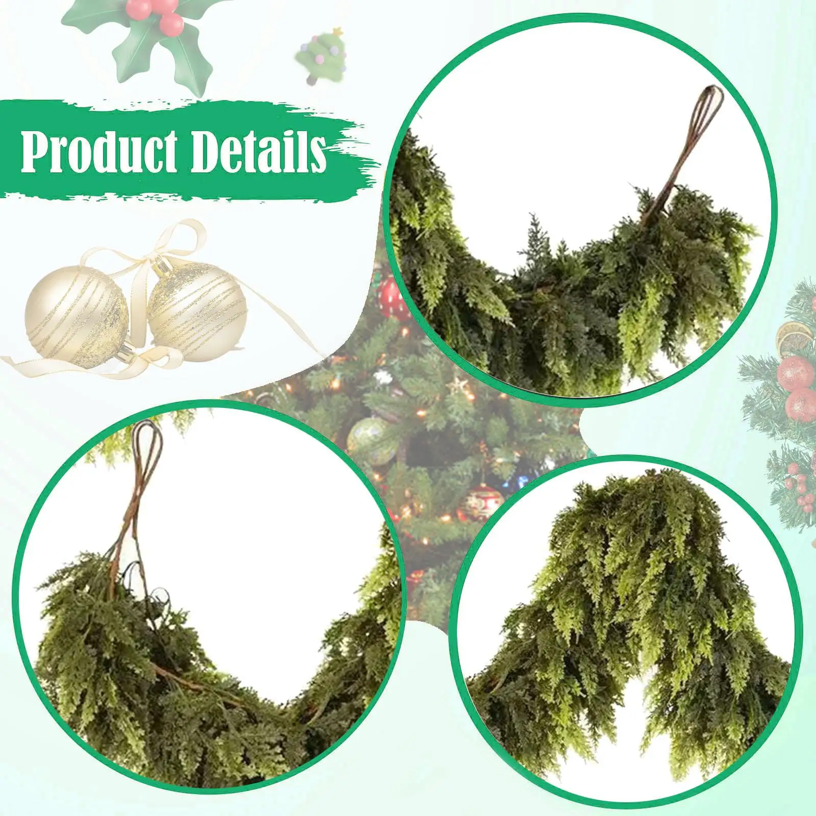 Guirnalda de cedro navideño, hoja de ciprés verde Artificial, guirnalda de pino de imitación para - imagen 5