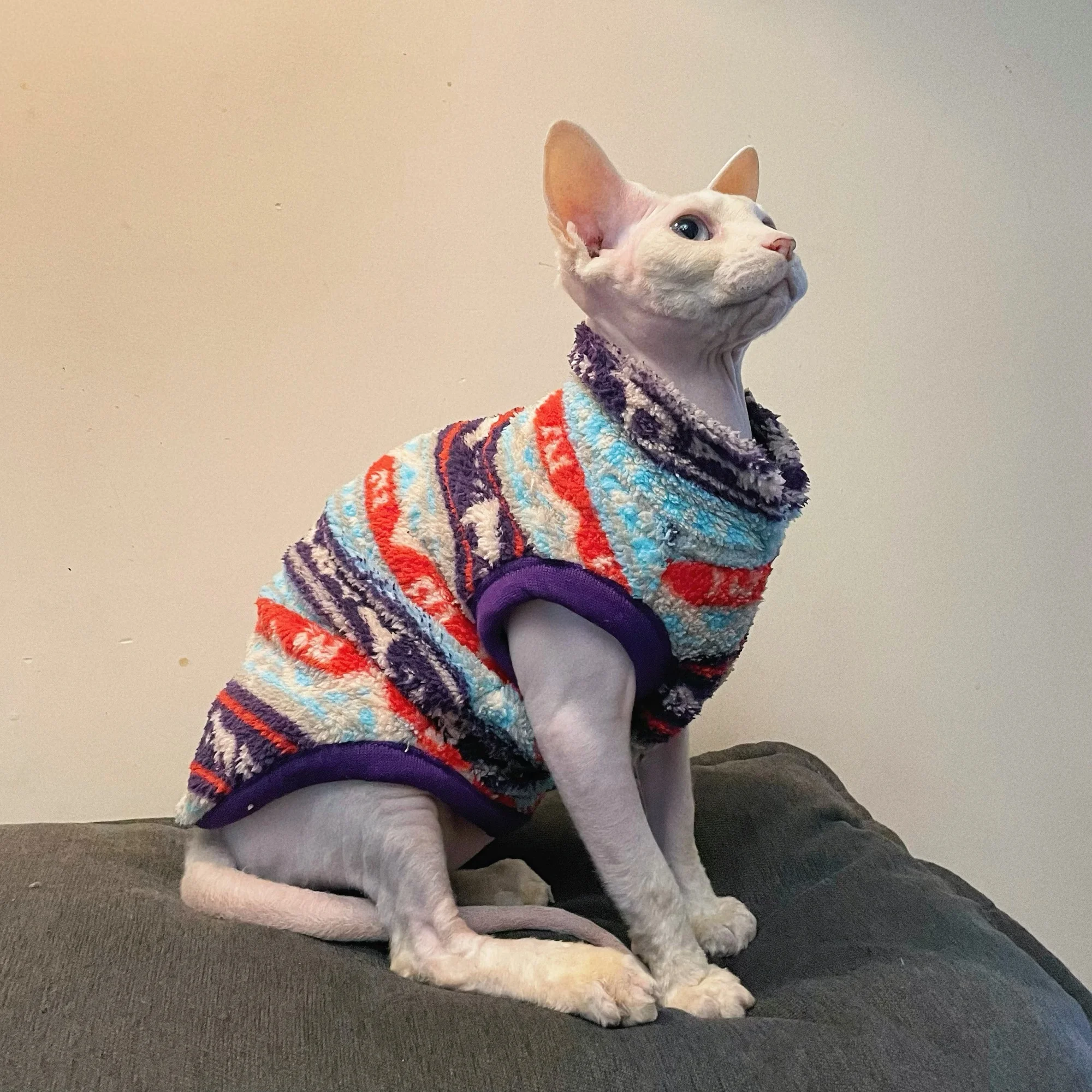 Disfraces de Año Nuevo para gato Sphynx, sudadera de lana colorida para gato sin pelo, pijamas gruesos de manga corta suaves de invierno para gatitos