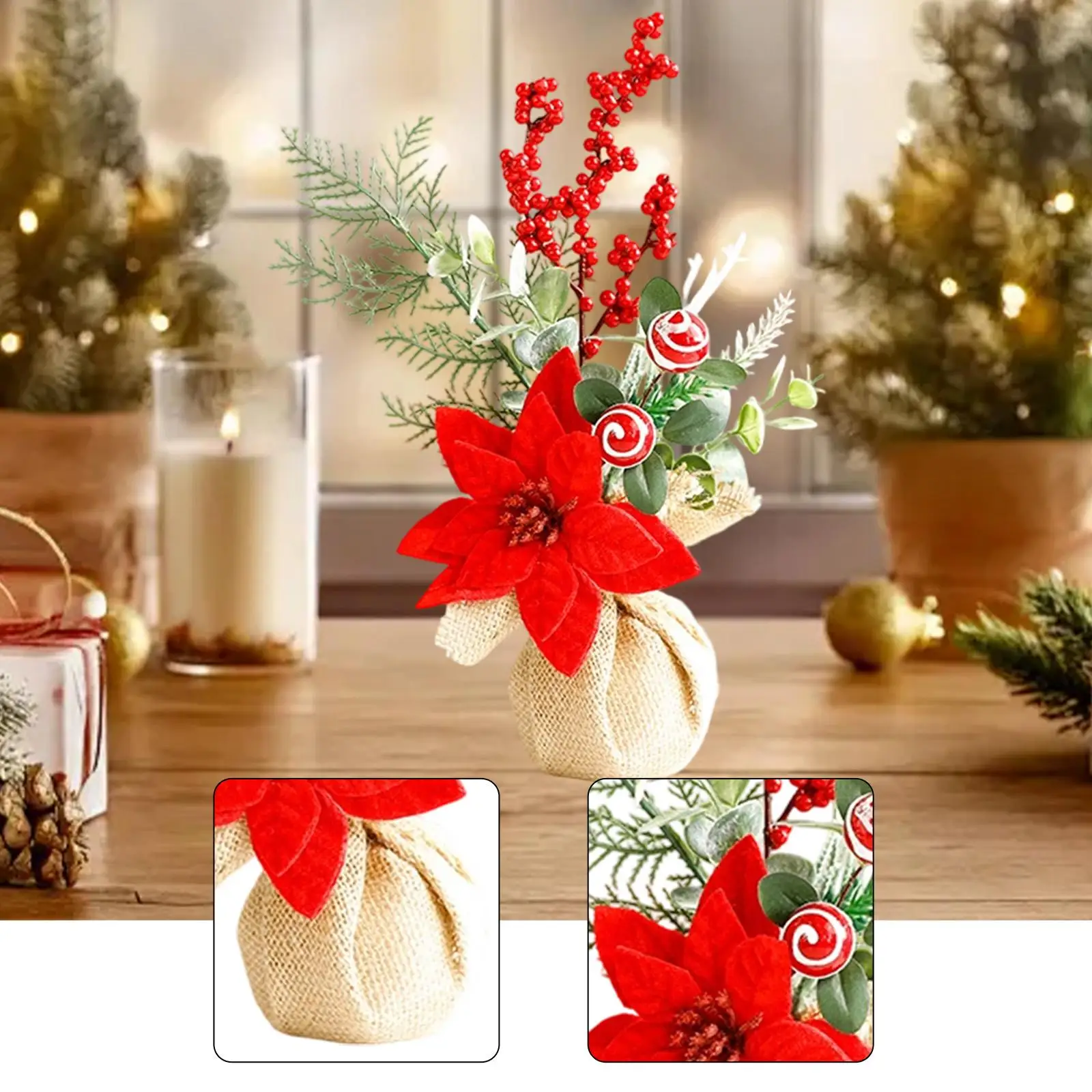 Mini Christmas Tree with Red Berries Table Decoration Burlap Base Tabletop Artificial Christmas Tree for Table Holiday Office