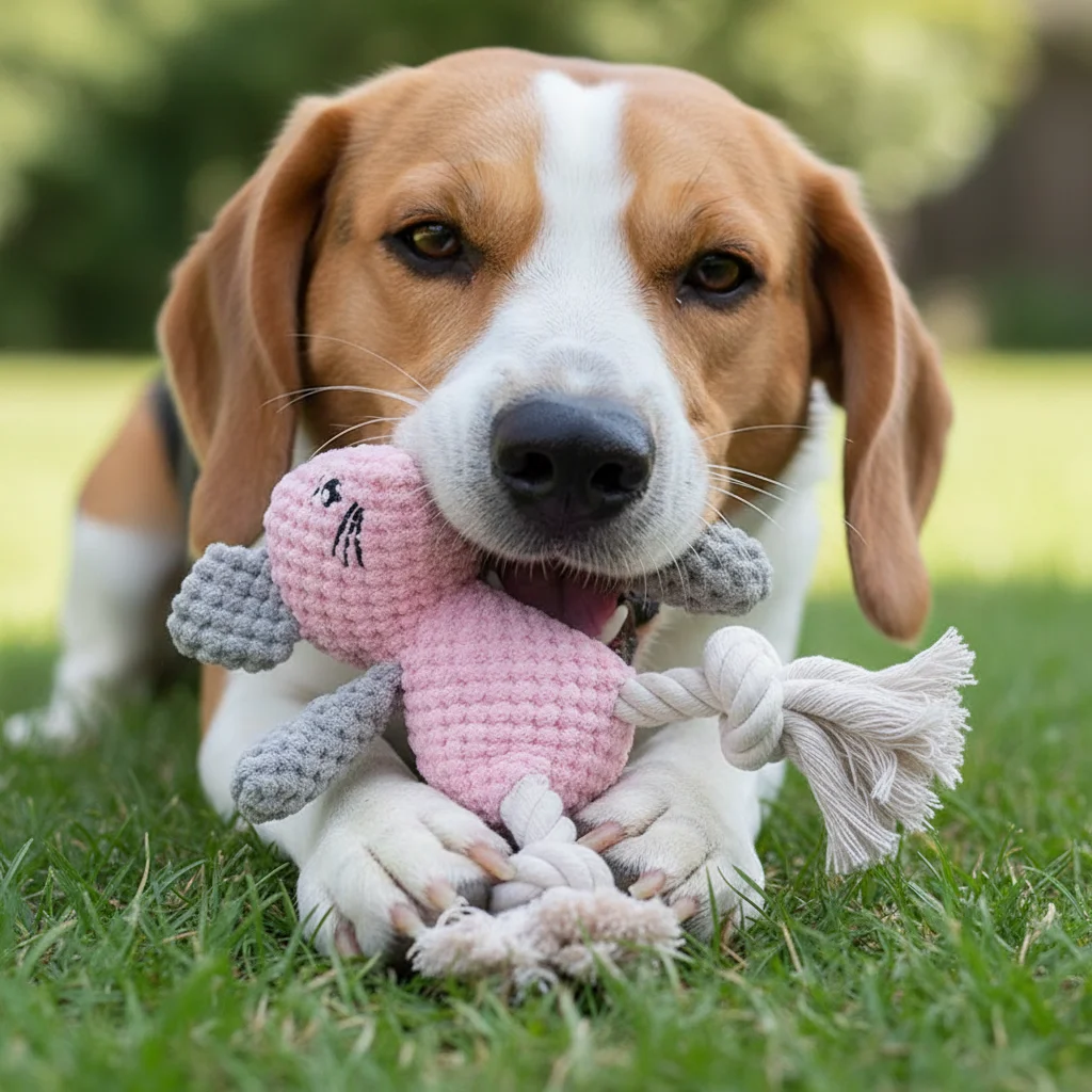 Juguete perro peluche chirriante con ratón y nudo algodón