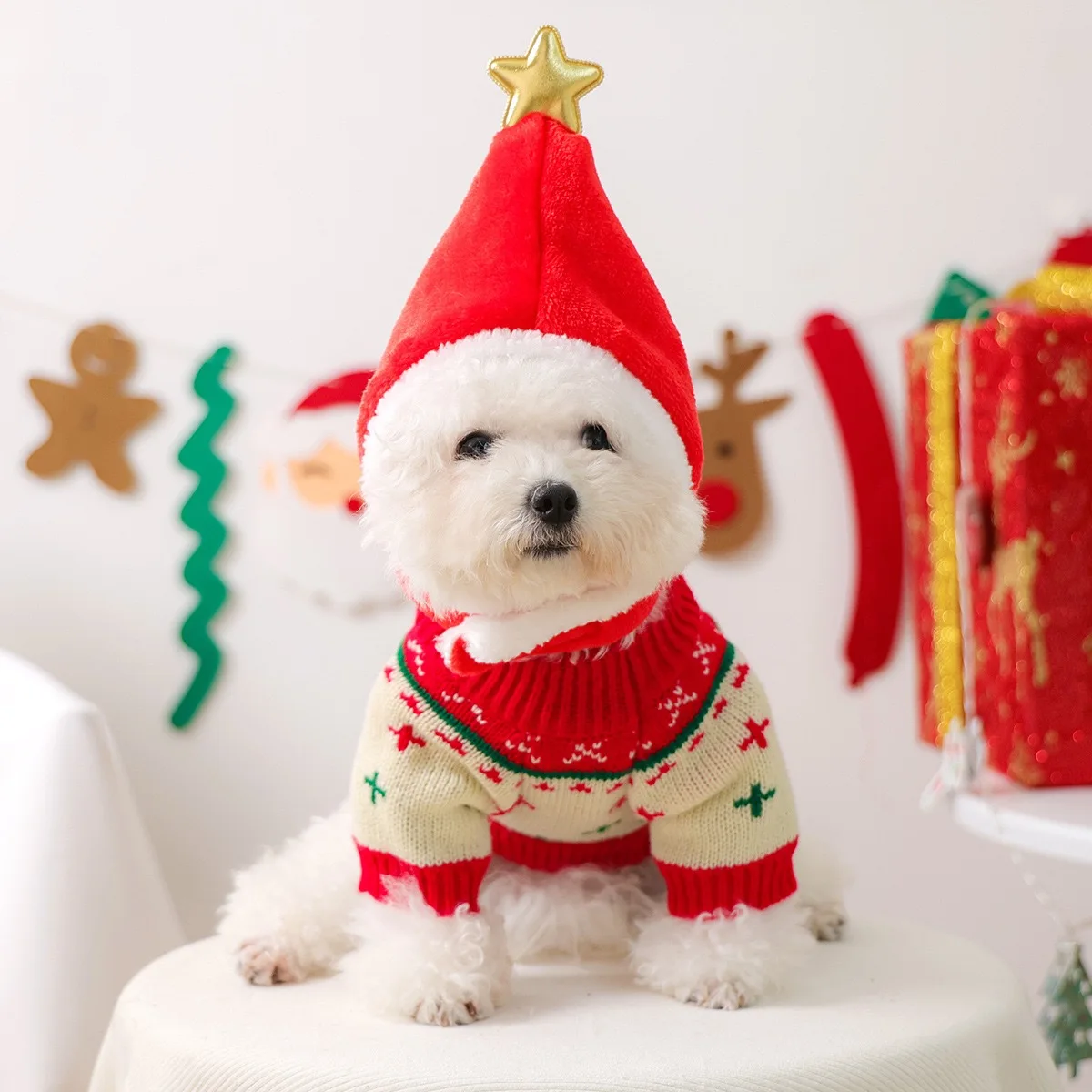 Ropa de invierno para mascotas con árbol de Navidad, oso de peluche, los mejores deseos, Festival, suéter para gatos, gorra de estrellas, monos de lana para cachorros de Bulldog Francés - imagen 4