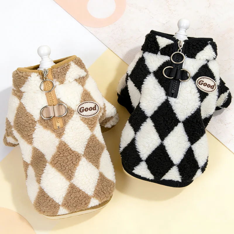 Sudaderas con capucha de felpa para perros con anillo en D, ropa cálida y suave para perros, jerséis bonitos a cuadros para cachorros, chaqueta con capucha para gatos a la moda, abrigo para mascotas