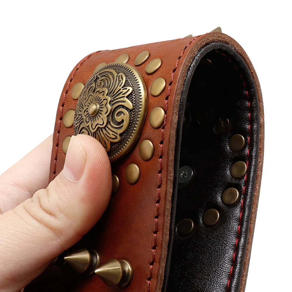 Collar de cuero para perro grande, collares con tachuelas y pinchos Pitbull para perros medianos y grandes, Collar duradero de cuero genuino para mascotas, color marrón - imagen 2