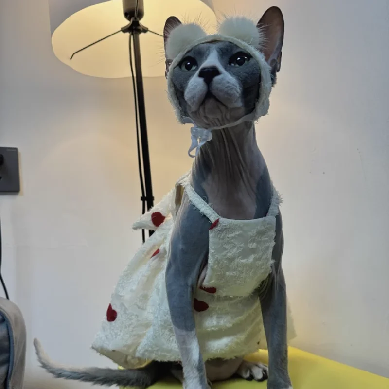 Vestido de princesa blanco rojo de verano para Devon Rex Falda suave de primavera de algodón en el interior agradable para la piel con lindo lazo para gato sin pelo
