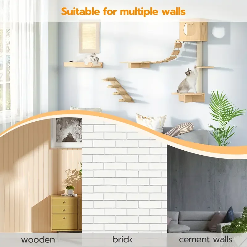 Árbol para gatos de pared de madera con postes rascadores de sisal Hamaca para gatos Escalera Marco para saltar, jugar y escalar gatos - imagen 5