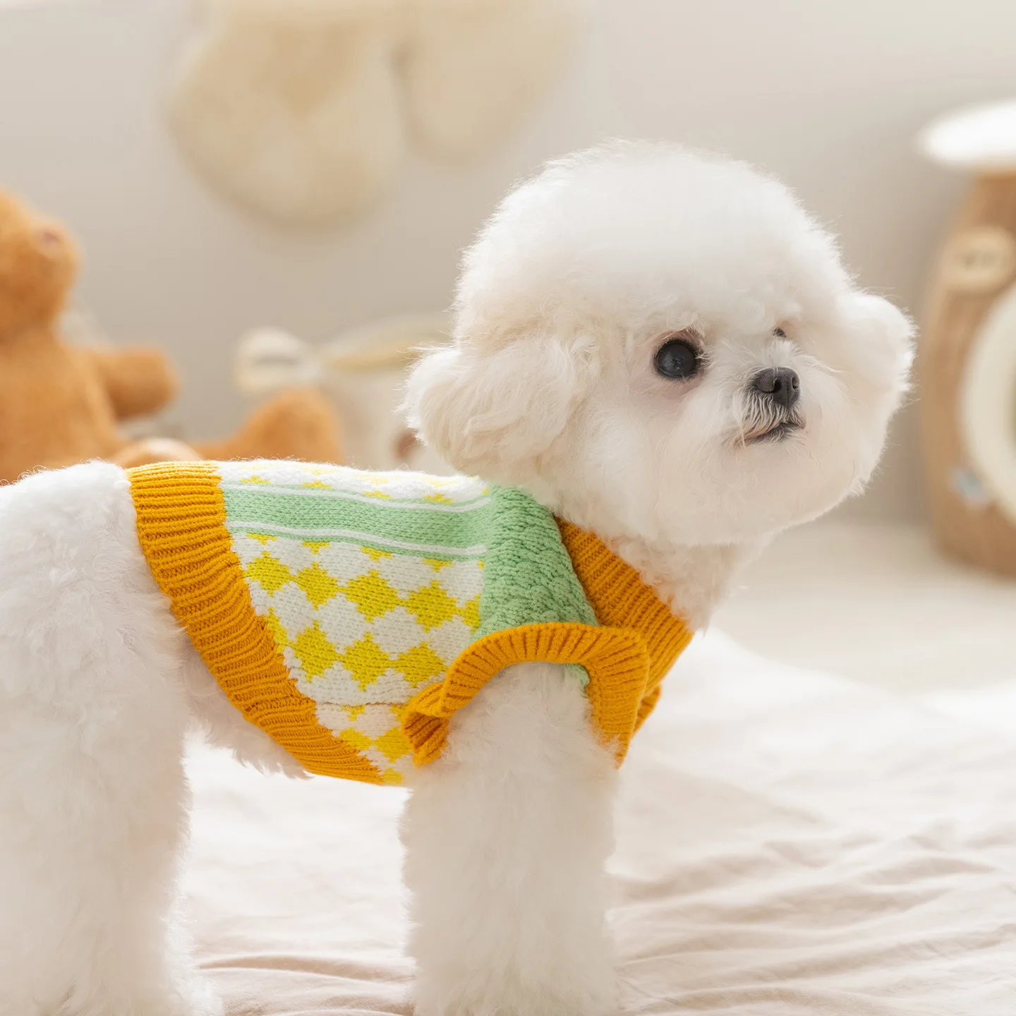 Suéter a cuadros de punto grueso y cálido para otoño e invierno, abrigo de peluche para mascotas, ropa para perros pequeños, ropa para cachorros - imagen 3