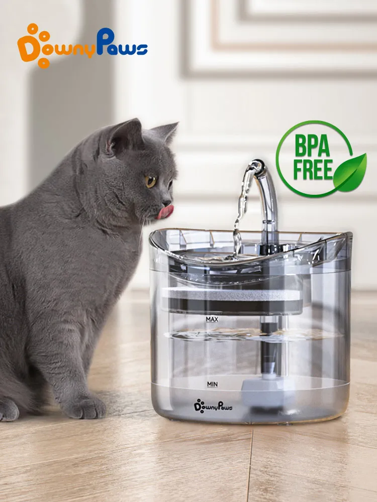 DownyPaws Fuente de Agua Automática para Gato, Con Grifo, Dosificador de Agua para Perro, Capacidad de 2 L, Filtro Transparente, Bebedero para Mascotas con Sensor, Alimentador para Beber