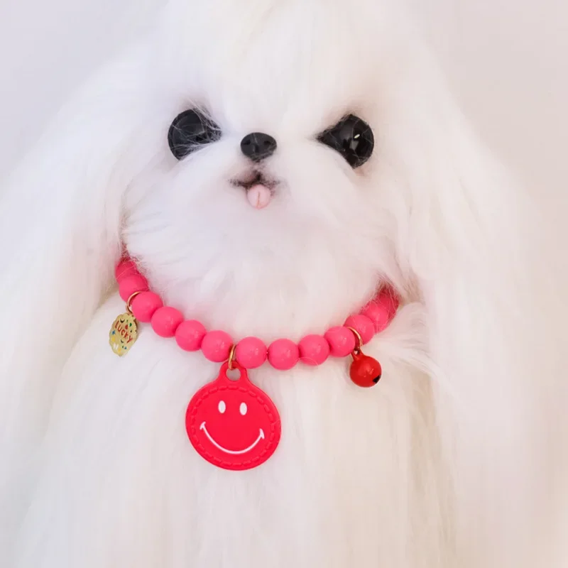 Gran oferta, Collar de perro con campana de color de la suerte, Collar de gato de perlas elástico hecho a mano con colgante de cara sonriente, accesorios para mascotas - imagen 5