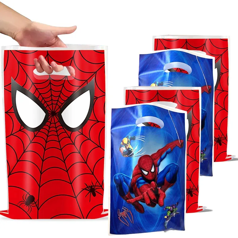 Nuevos bolsas de regalo para fiesta de cumpleaños de Spiderman, bolsa de plástico para dulces con tema de araña, bolsa de botín para niños, suministros de decoración para fiesta de cumpleaños