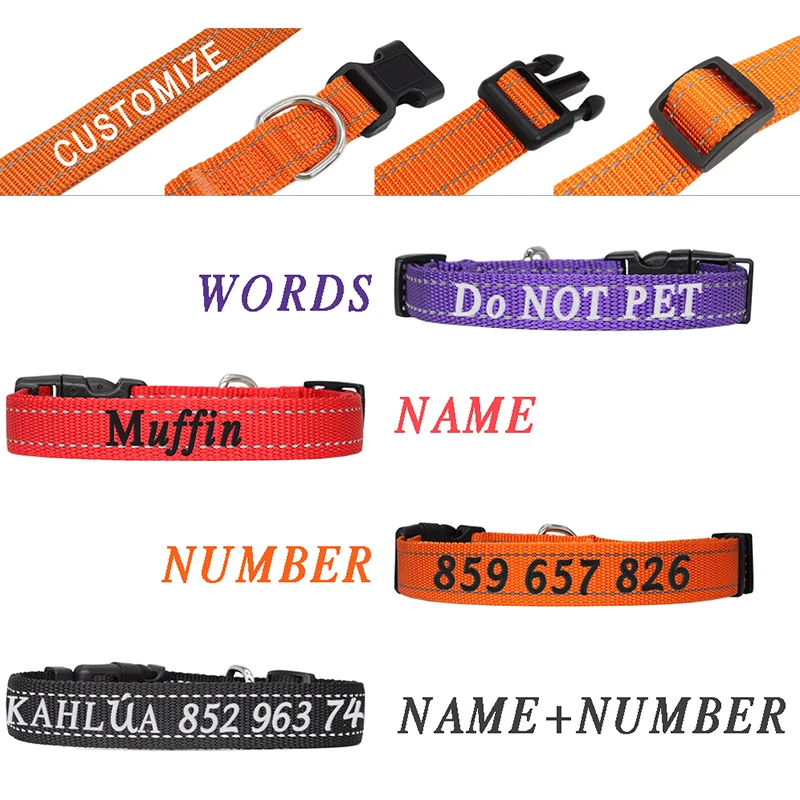 Collar de perro de nailon personalizado, Collar reflectante personalizado bordado con nombre ajustable, Collar con número de teléfono, Collar para perro pequeño y grande - imagen 3
