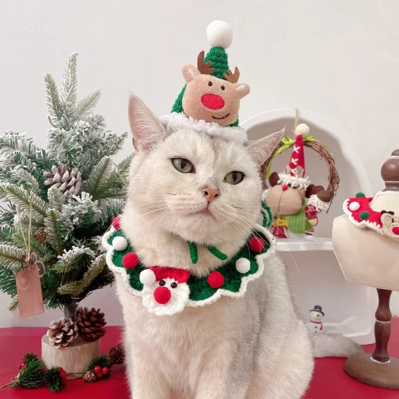 สัตว์เลี้ยงแมวสุนัขคริสต์มาส Hairball คอ Elk Santa Claus หมวก Handmade ขนสัตว์หมวกอุปกรณ์เสริมลูกสุนัขอุปกรณ์เสริม - imagen 2