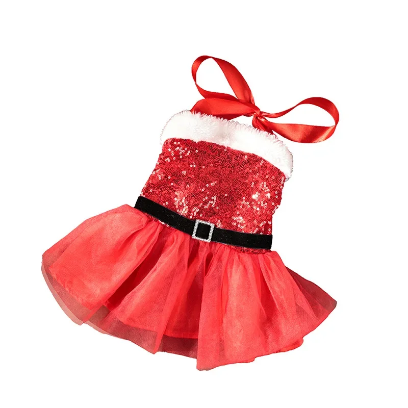 Vestido para perro con tutú de lentejuelas navideñas con diseño de lazo y cinturón, falda halter de terciopelo rojo, traje navideño para mascotas para perros pequeños/medianos,