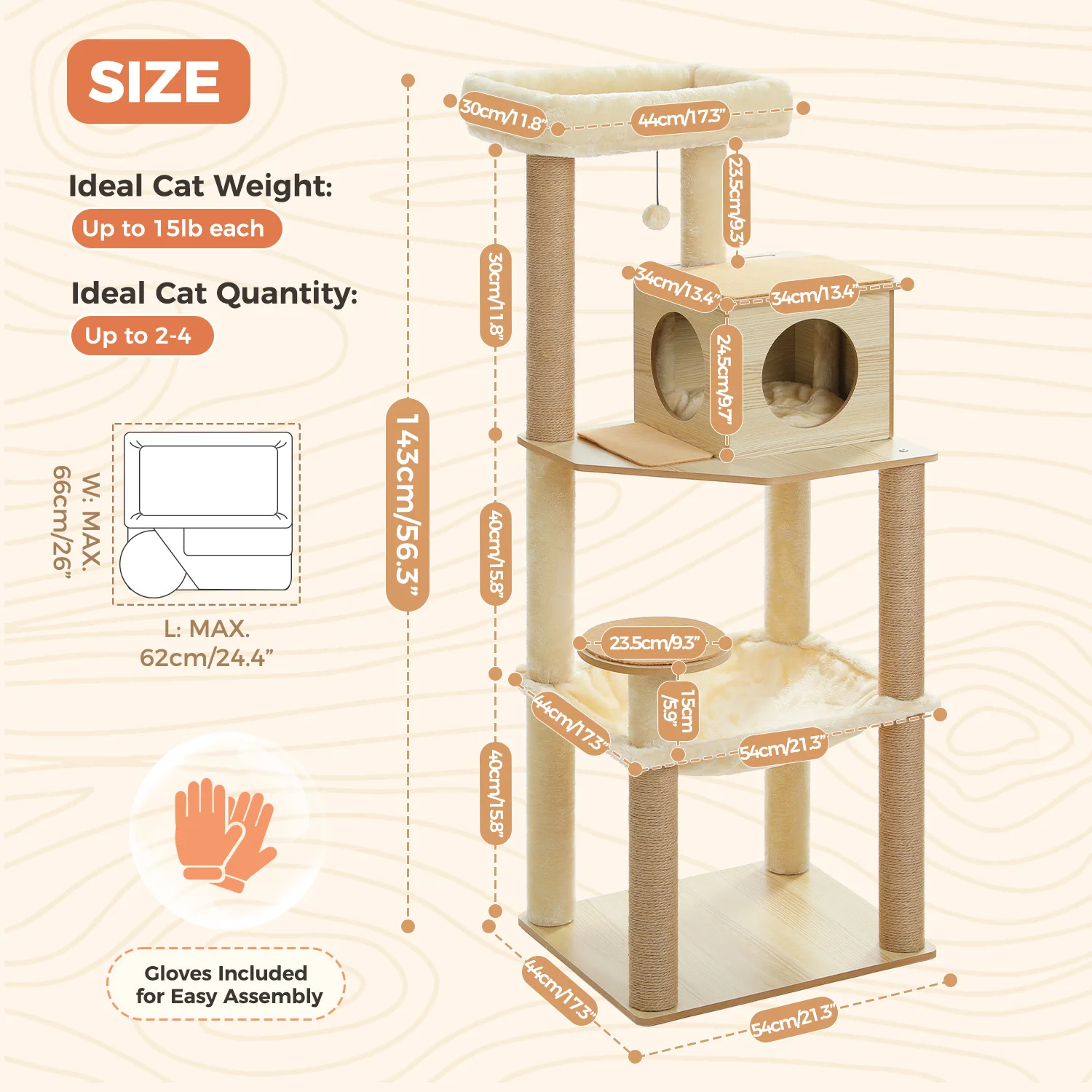 Árbol rascador madera para gatos con sisal: hamaca y plataforma - imagen 2