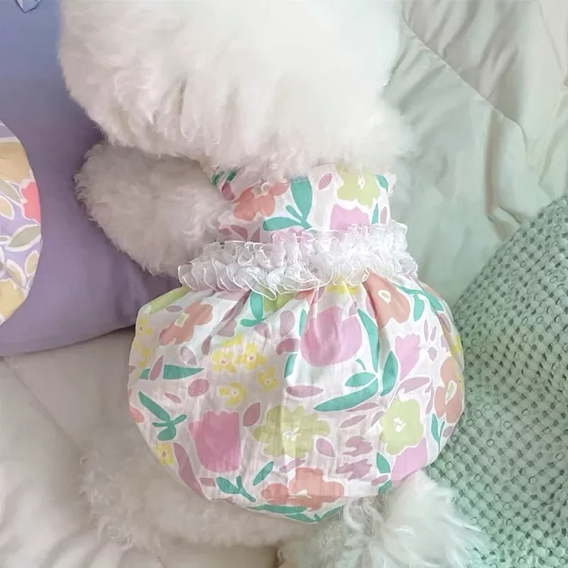 Ropa de encaje de verano para mascotas, vestido de flores de peluche, falda Halter para gato Bichon Frise, falda de princesa bonita de Pomerania para perros pequeños - imagen 2