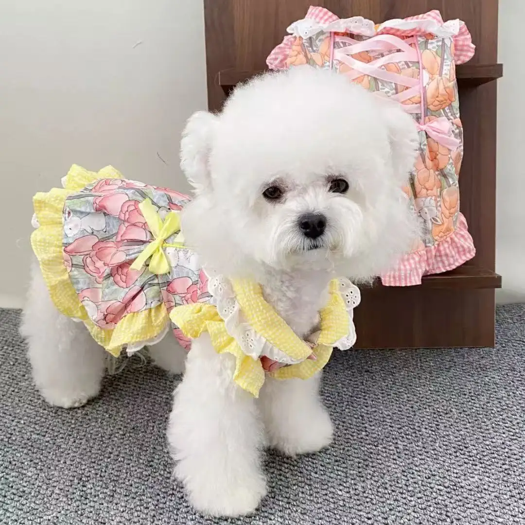 Vestido a cuadros de primavera y verano para mascotas, vestido de princesa para gatos, Falda corta esponjosa, chaleco de peluche para perros pequeños, ropa para cachorros pequeños - imagen 2