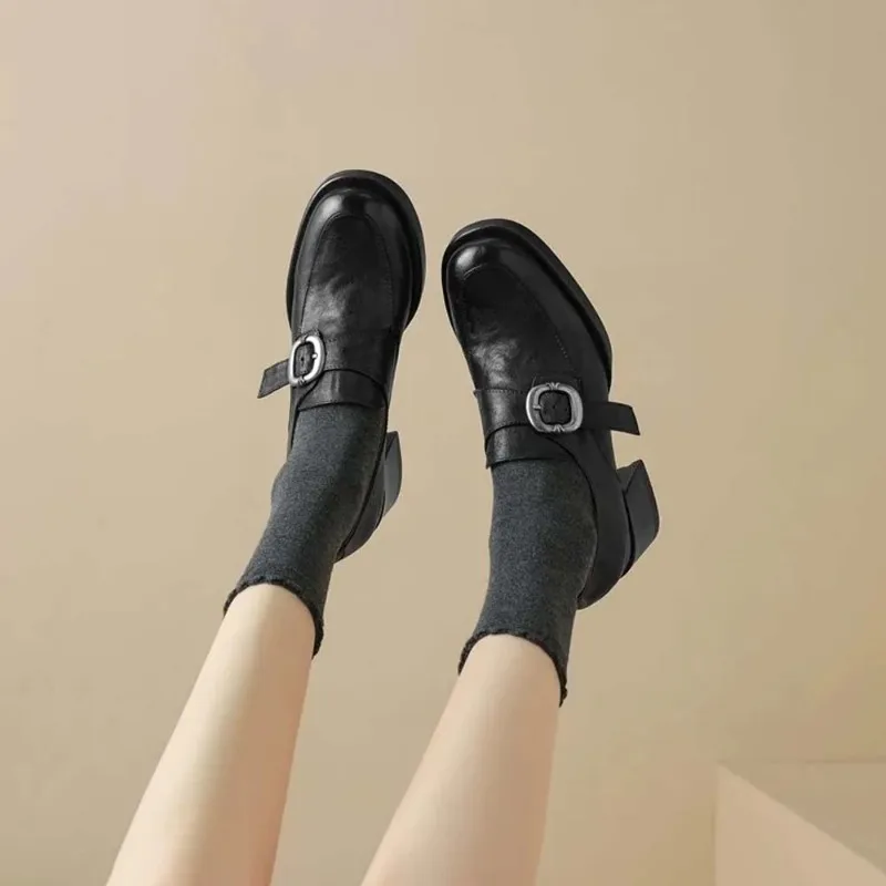 Women Leather Platform Loafers Fashion Slip on Chunky Shoes Retro Style Female Officel Pumps Moccasins Women's Mary Jane Shoes - imagen 4