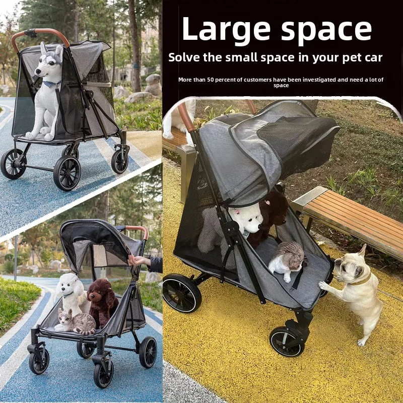 Cochecitos plegables para mascotas medianos y grandes, gran espacio, ancianos, gatos, perros discapacitados, productos para mascotas al aire libre, suministros para perros - imagen 2