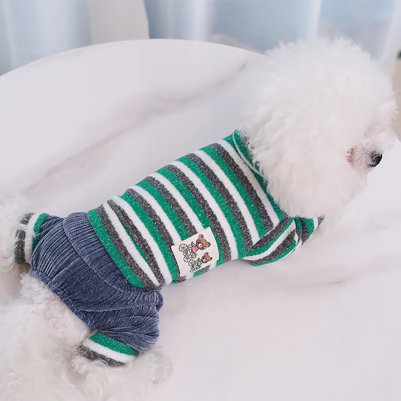 Pantalones de cuatro patas de retales a rayas para mascotas, mono de otoño e invierno, camisa Base, ropa para perros, ropa de dormir cálida para el hogar de peluche