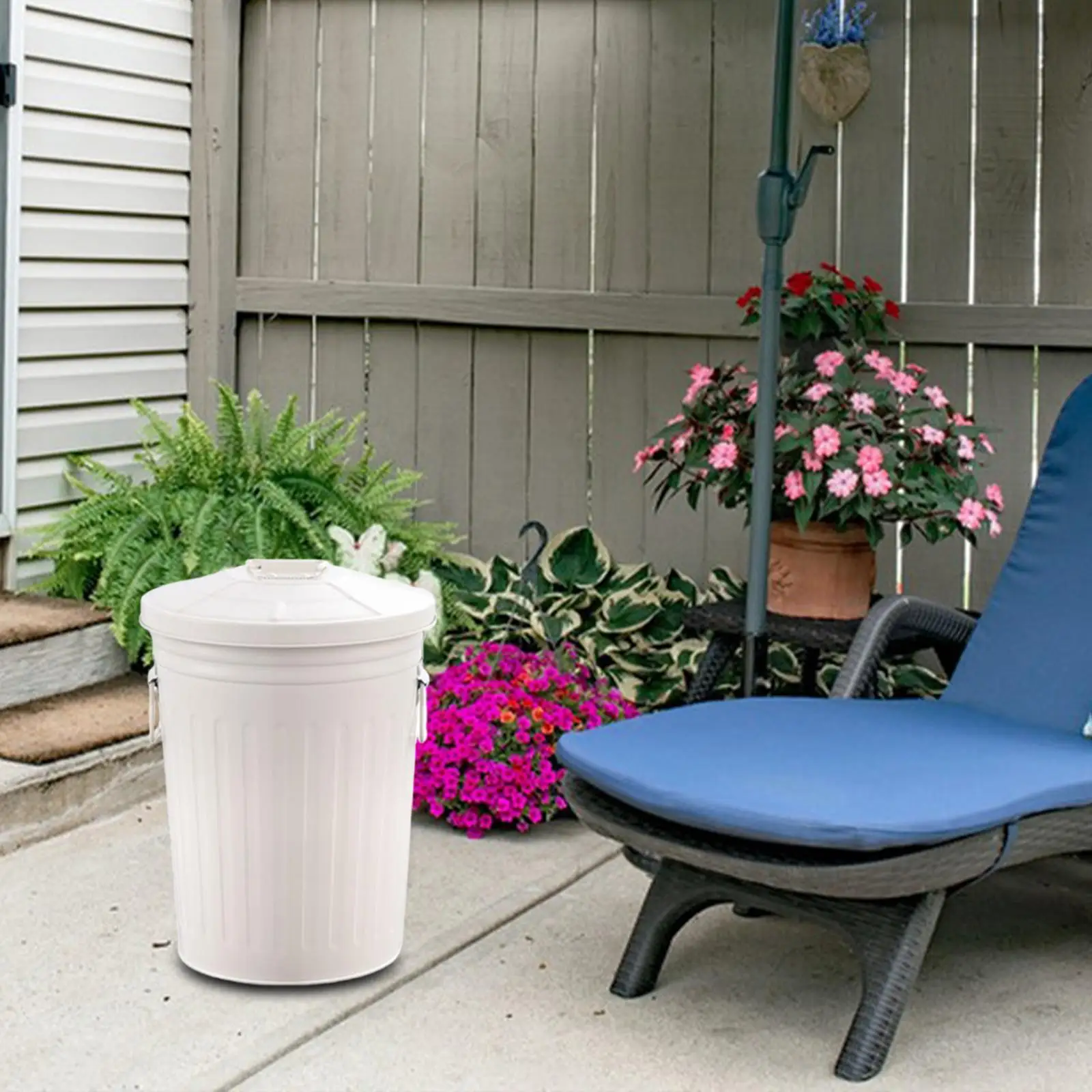 Cubo de basura redondo para exteriores, macetero decorativo de 17 L, cubo de basura rústico Beige, cubo de basura cubierto para Patio, patio, casa, granja - imagen 3