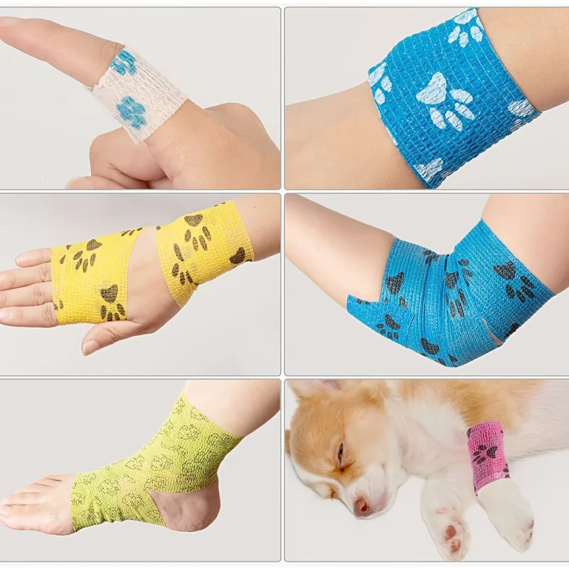 Vendaje autoadhesivo para mascotas con diseño de huella, sin adhesivo para el cabello, envoltura elástica transpirable repelente al agua para perro/gato, 4 Uds. - imagen 3
