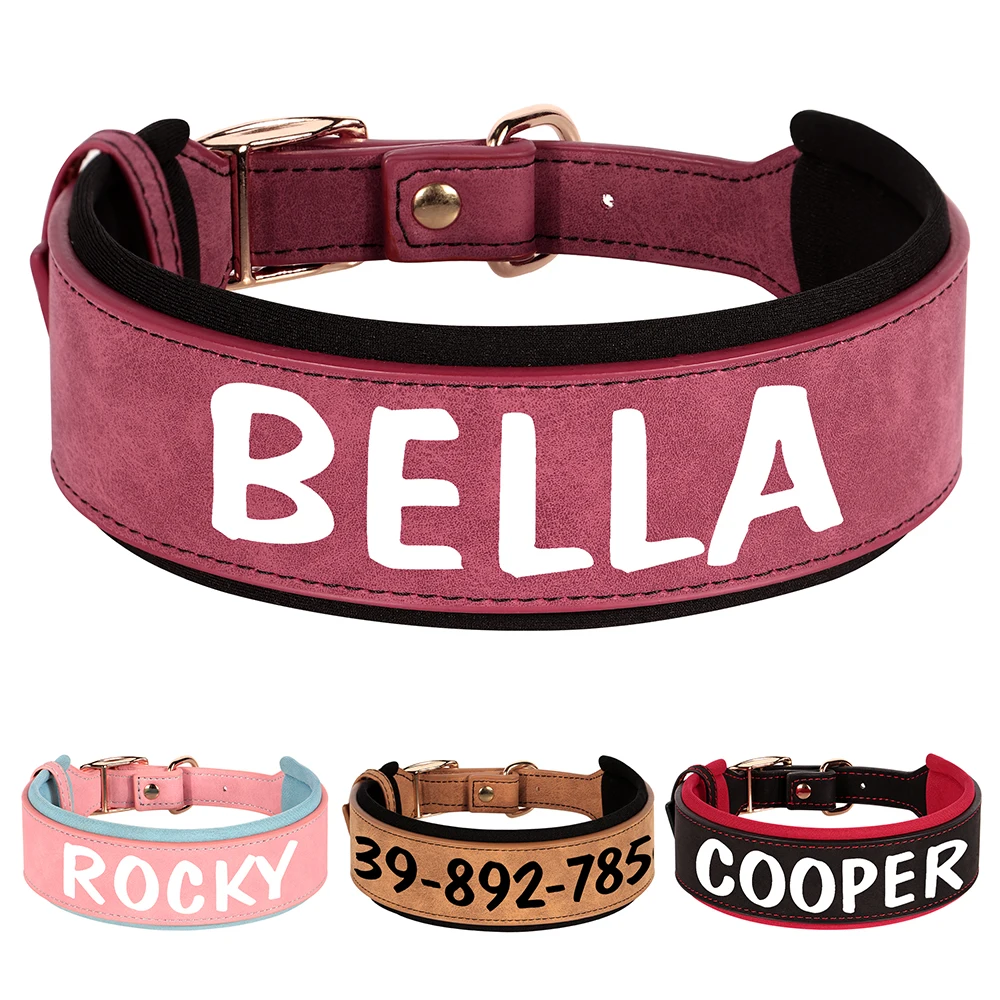 Collar de perro de cuero PU personalizado, collares de identificación de mascotas acolchados anchos, collares con nombre de perros con estampado gratuito para perros pequeños, medianos y grandes
