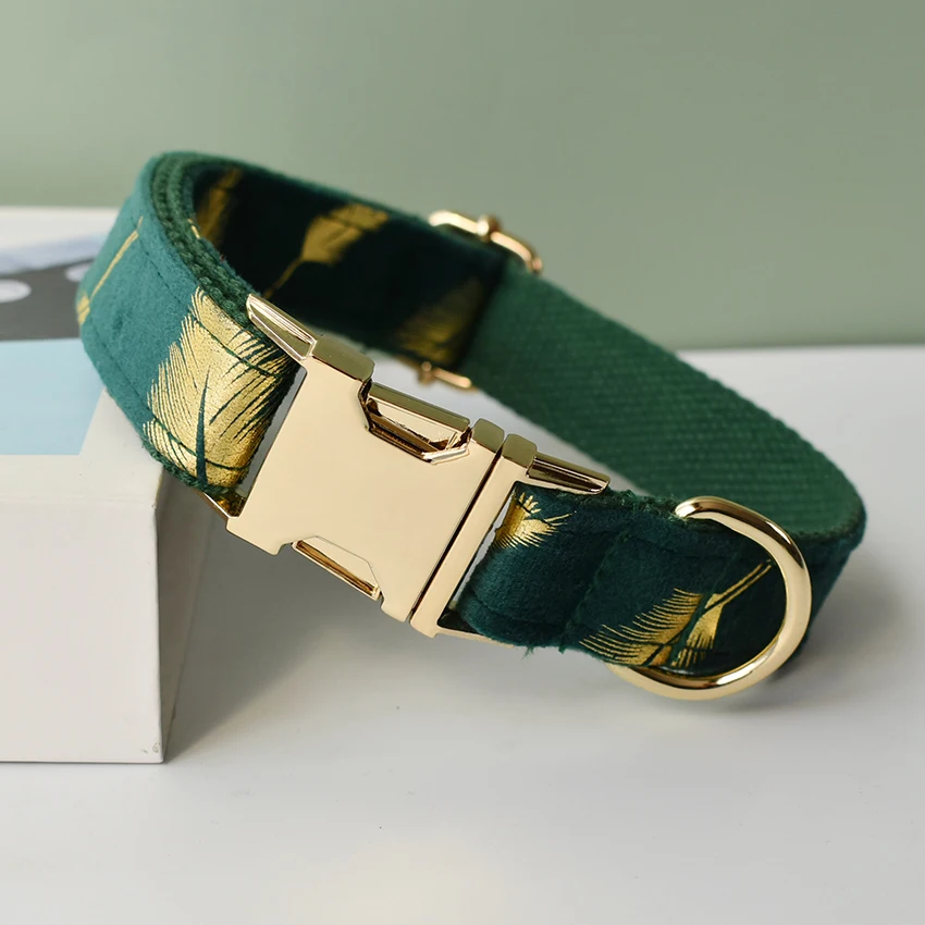 Collar verde, tela de calidad de terciopelo personalizada para perros pequeños, medianos y grandes, piezas de Metal personalizadas, accesorios para mascotas, franela 25 - imagen 4
