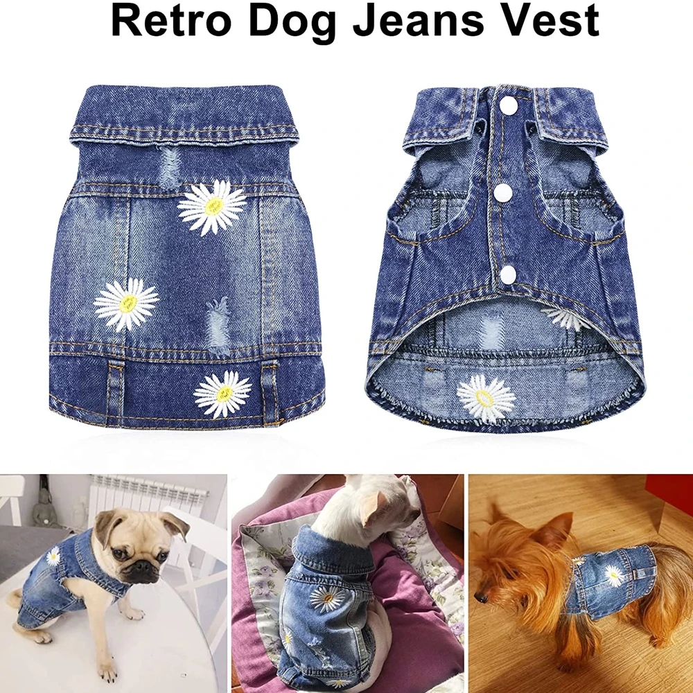Ropa de lujo con bordado de margaritas para perros pequeños y medianos, chaqueta vaquera lavada Vintage para perros, chaleco sin mangas para mascotas, trajes de abrigo vaquero - imagen 3