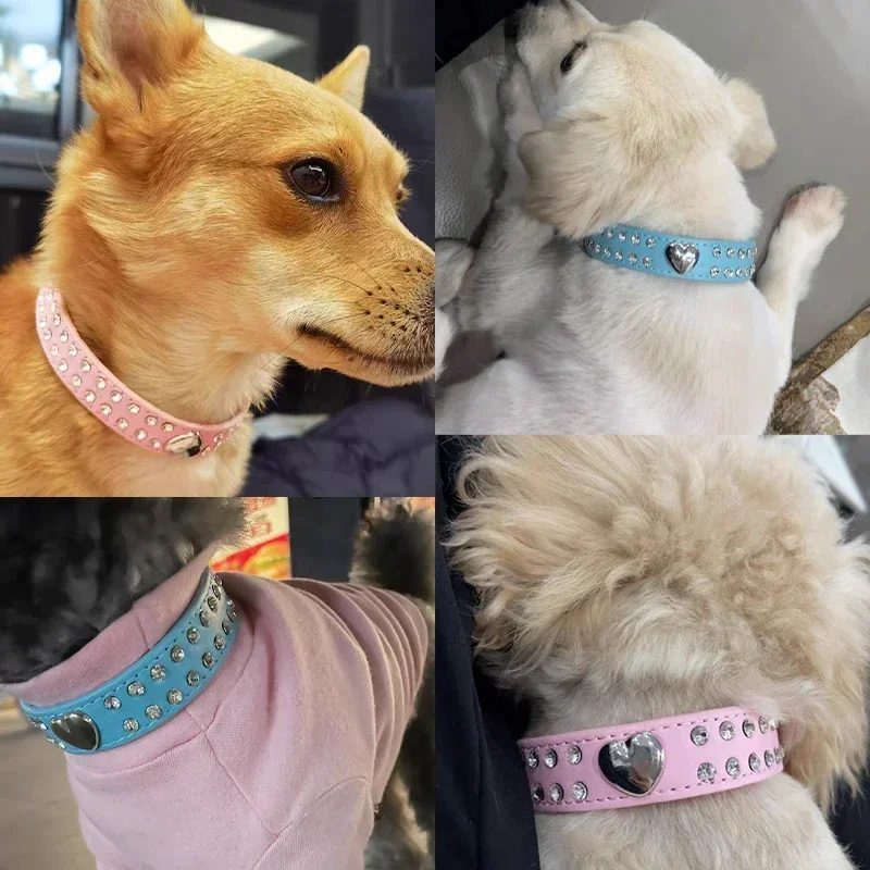 Collar de perro con diamantes de imitación de corazón de amor, cuero PU, Chihuahua, Yorkie, Collar de fiesta, cuidado de gatos, regalo decorativo, suministros para mascotas, moda - imagen 3