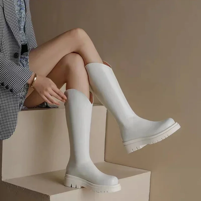 Botas de cuero hasta la rodilla para mujer, zapatos de tacón medio con cremallera, suela gruesa, Color sólido, tendencia de otoño, 2023 - imagen 5