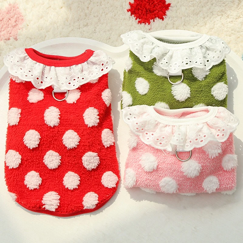 Sudadera con encaje hueco para perro, ropa de invierno de terciopelo con puntos blancos para Bulldog Francés, chaleco para cachorro de Año Nuevo, monos medianos y grandes - imagen 3