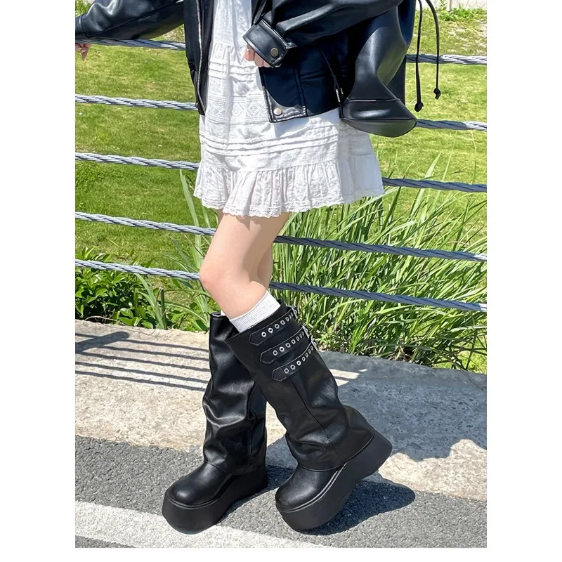 Diseñador estilo Punk mujeres pantalones piernas Botas Largas moda Mujer parte inferior gruesa hasta la rodilla botines Zapatos De Mujer - imagen 5