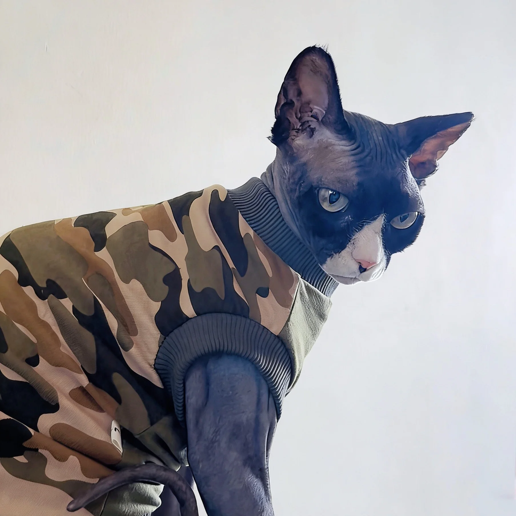 Chaleco verde militar para gatos sin pelo – Algodón suave Sphynx Devon Rex