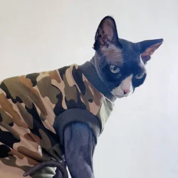 Chaleco verde militar para gatos sin pelo – Algodón suave Sphynx Devon Rex