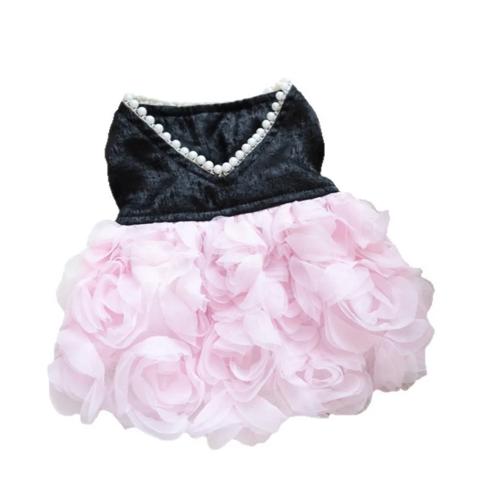 Vestido de novia con perlas y rosas para perros pequeños, cachorros