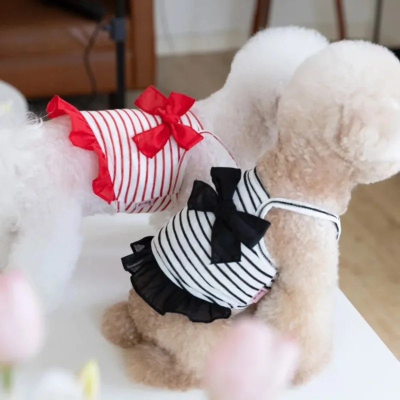 Vestidos bonitos a rayas de verano para mascotas, chaleco con lazo, protector solar, correa fresca, ropa para mascotas, ropa para gatos/perros, ropa para cachorros de peluche, chaleco de verano para perros
