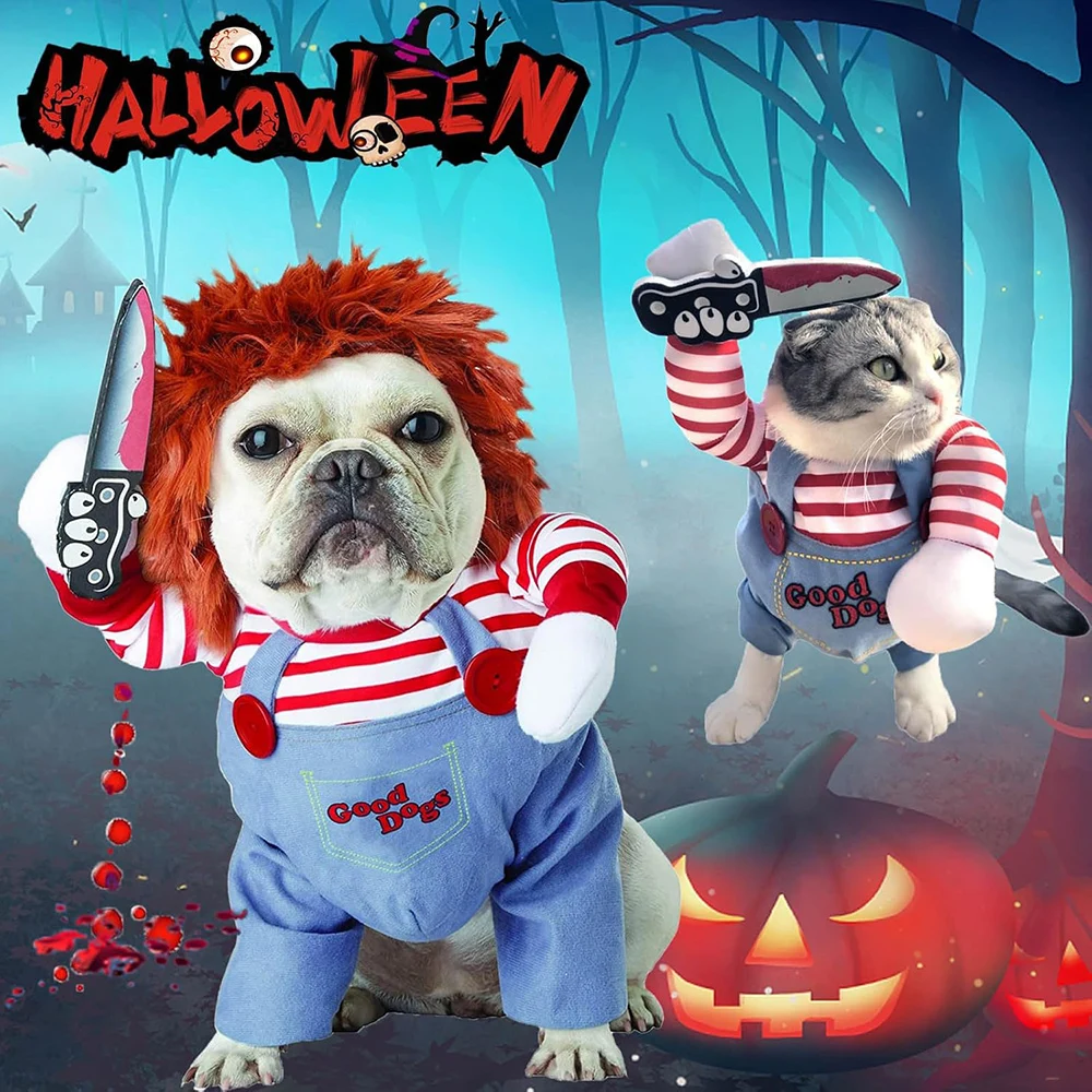 Disfraz de perro muñeca mortal para mascotas, divertido disfraz de Halloween, traje de Chucky para perros pequeños, medianos, gatos, cachorros, vestido de fiesta, ropa fresca