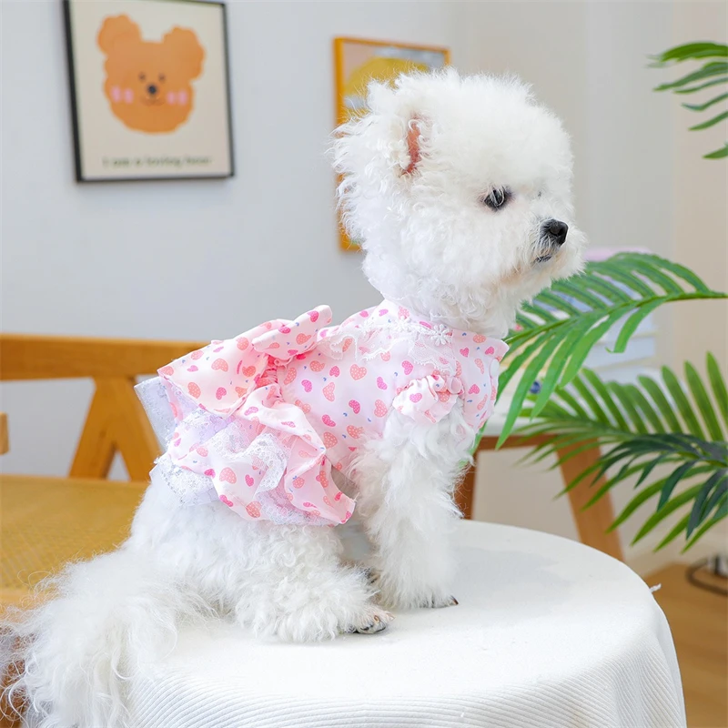 Vestidos de verano con estampado de corazón para perros pequeños, monos de princesa en capas para gatos maltés, ropa para fiesta de cumpleaños con lazo para mascotas - imagen 3