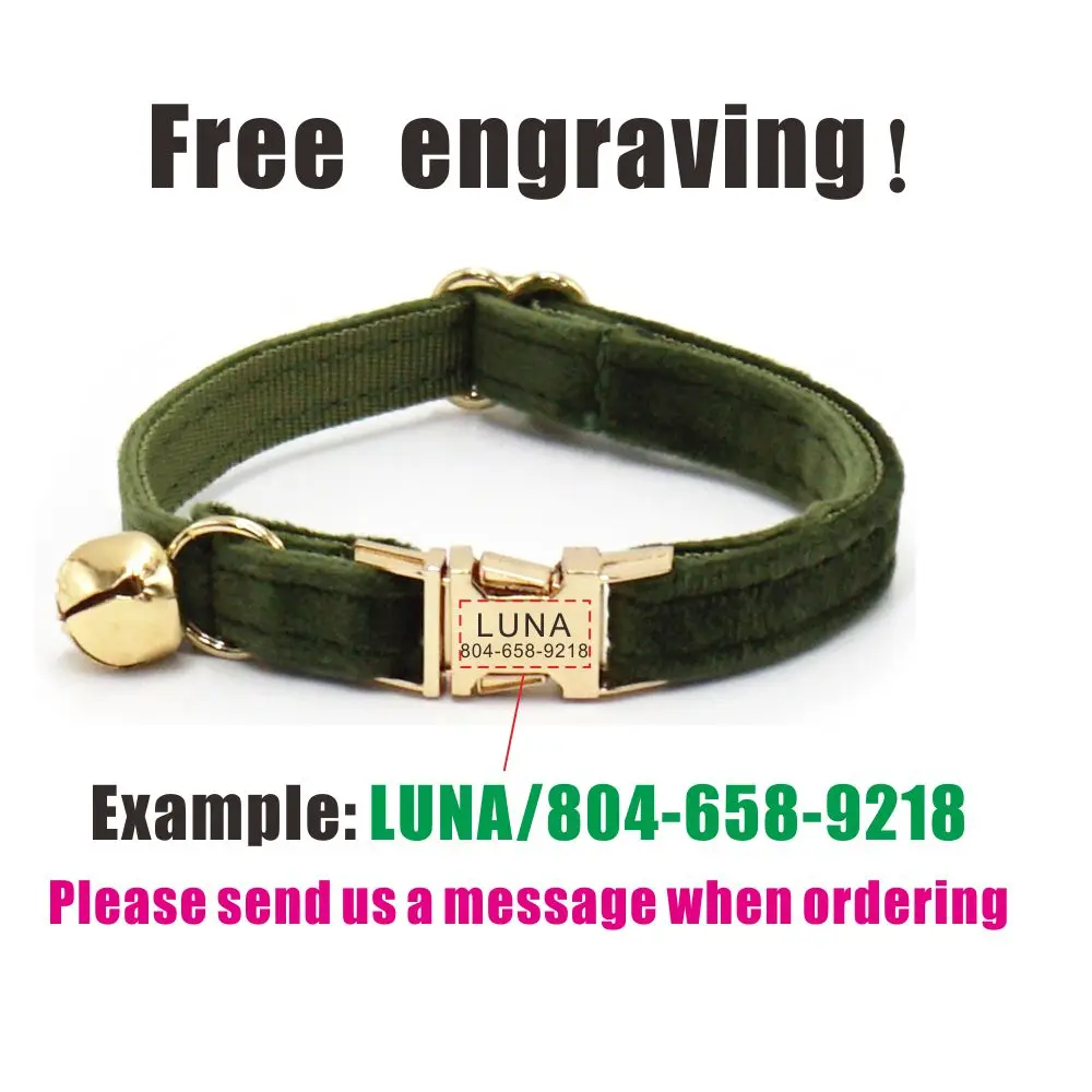 Collar de gato personalizado, placa de identificación personalizada, hebilla de Metal, collares de gato de terciopelo verde oscuro ajustables con campana - imagen 4
