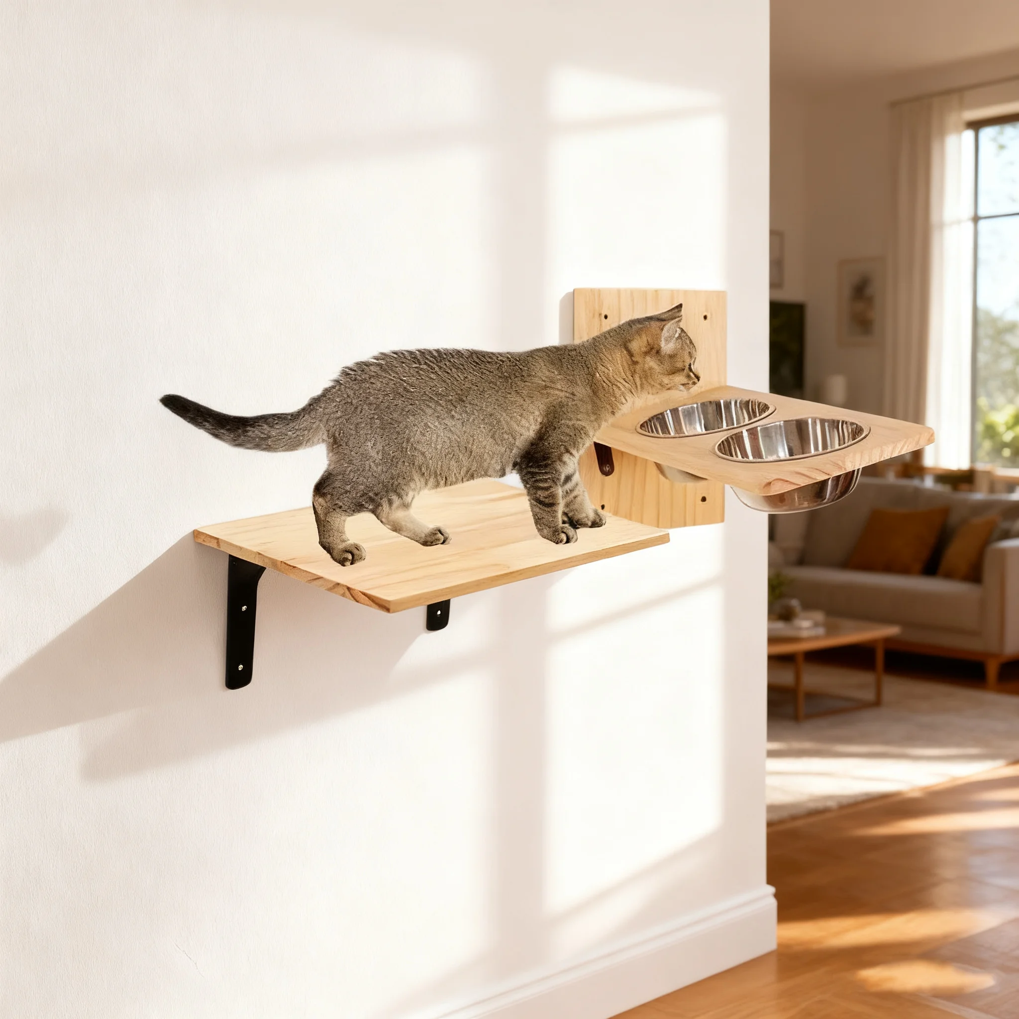Estante de alimentación para gatos con 2 tazones de acero inoxidable, percha de madera adecuada para jugar a la siesta, comer muebles de pared para mascotas
